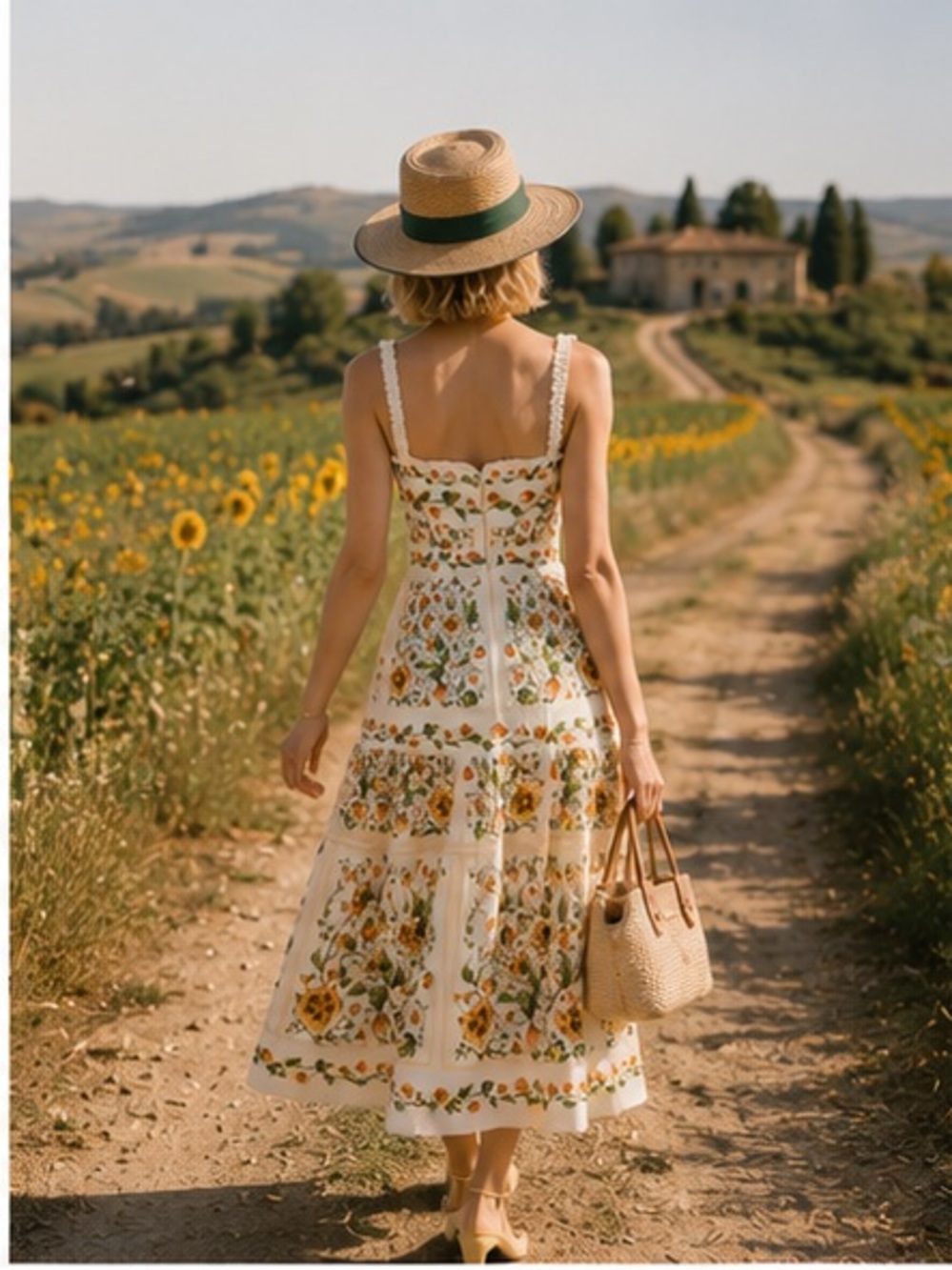 Agua by Agua Bendita Cream Midi Dress with Yellow and Green Floral Panels